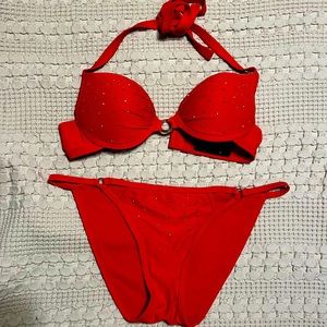 Gold studded coral red bikini